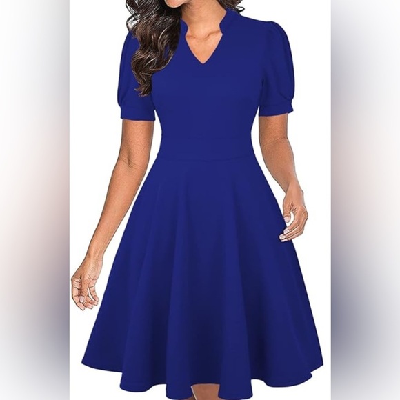 Elegant V Neck Royal Blue Fit and Flare Dress Size L - Picture 1 of 11